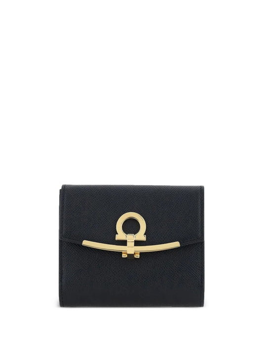 Ferragamo Women Hammered Leather Gold Gancini Compact Wallet