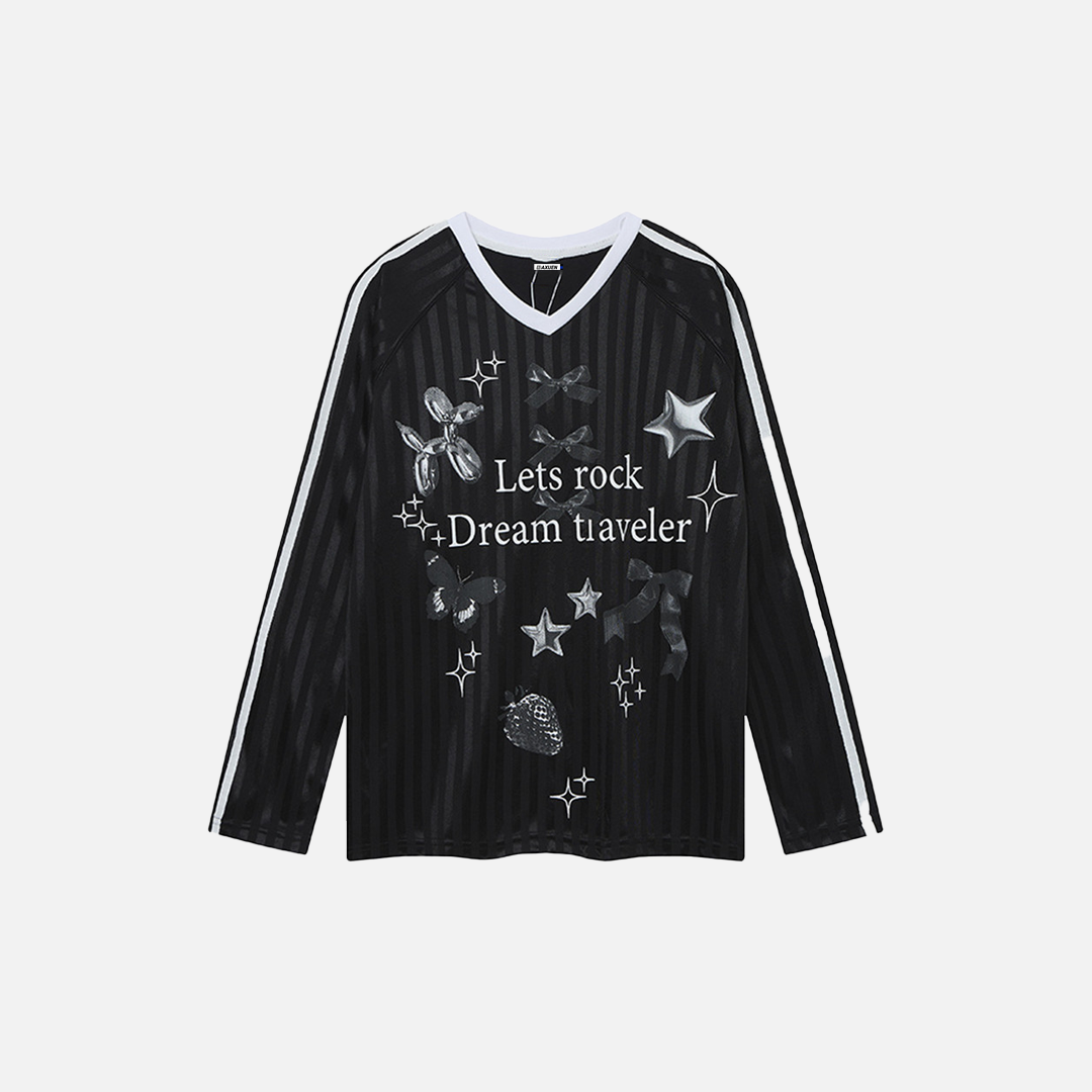 Y2K Butterfly Print V-Neck Long Sleeve T-Shirt - Luxuryurbanwear