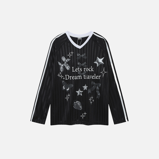 Y2K Butterfly Print V-Neck Long Sleeve T-Shirt - Luxuryurbanwear
