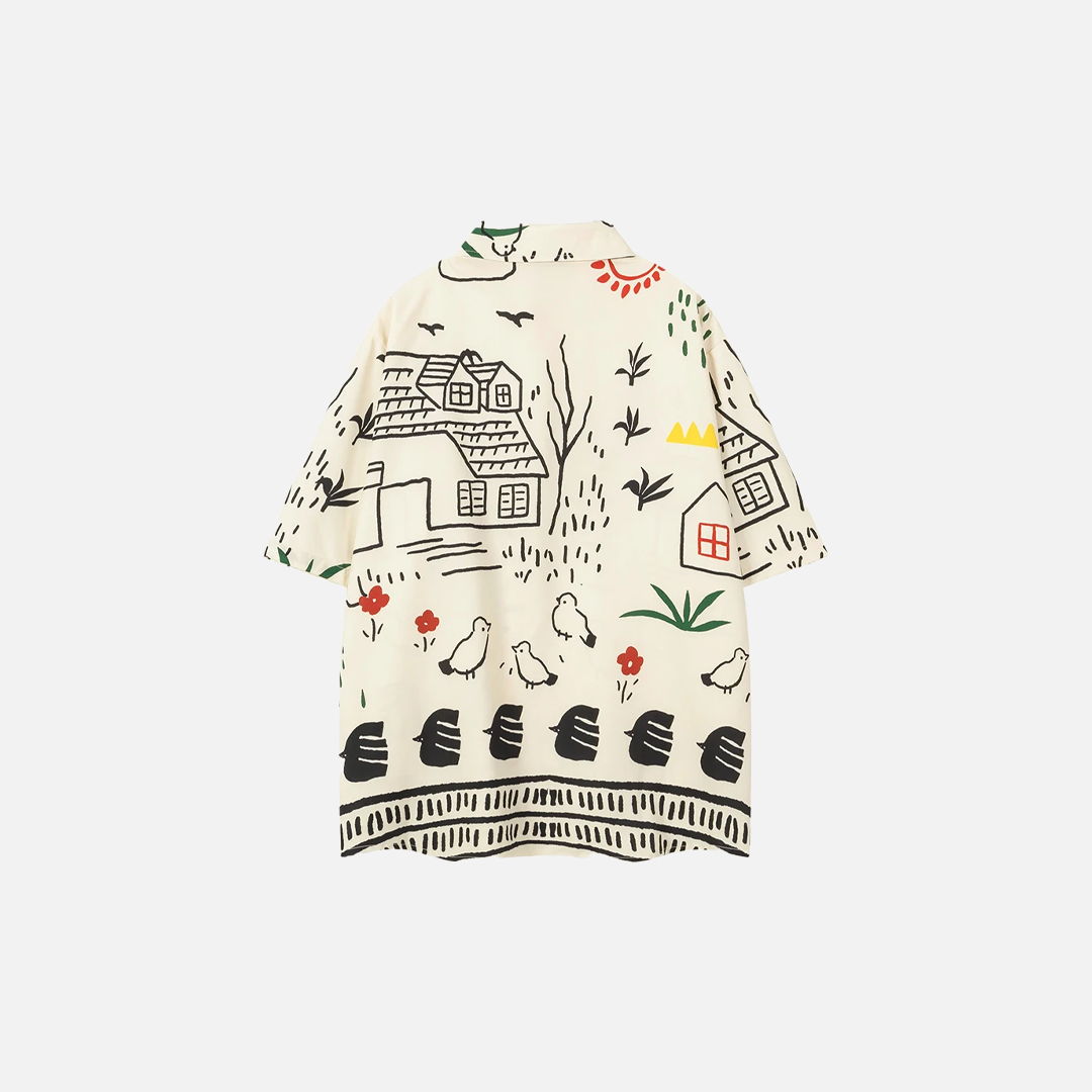 Y2K Graffiti Print Retro Broadcloth Short Sleeve Shirt - Luxuryurbanwear