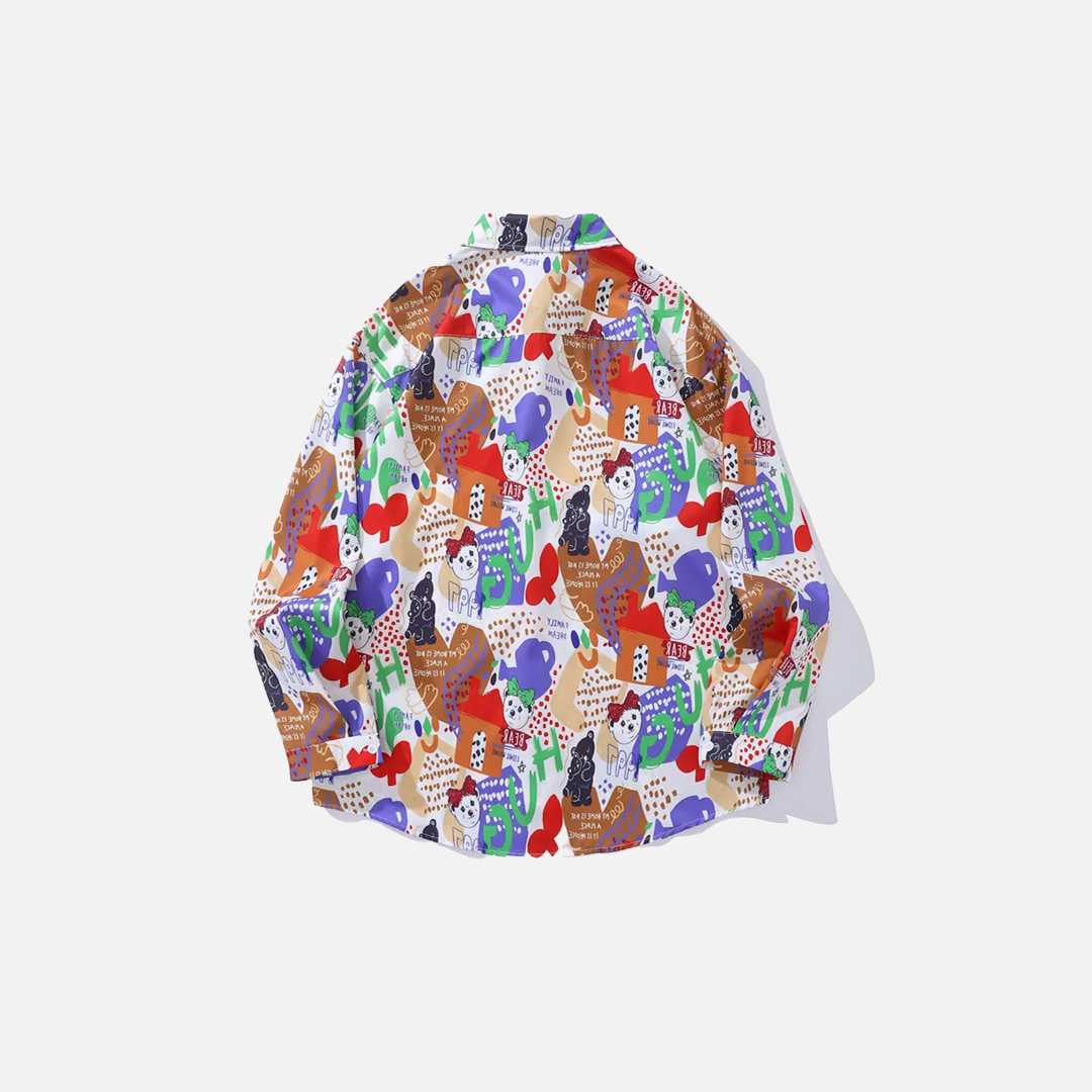 Colorful Cartoon Bear Graffiti Long Sleeve Shirt - Luxuryurbanwear