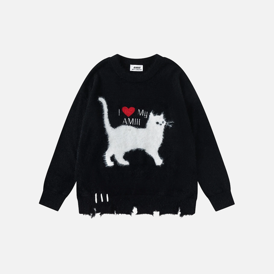 Y2K Funny Cat Graphic Oversized Ripped Sweater - Luxuryurbanwear