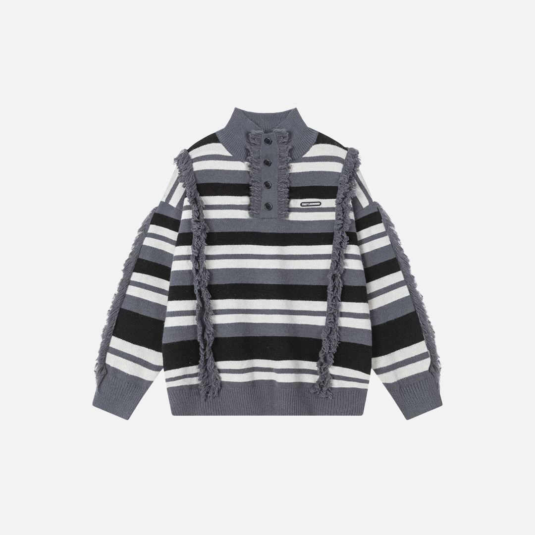 Striped Fringed Turtleneck Button Sweater - Luxuryurbanwear