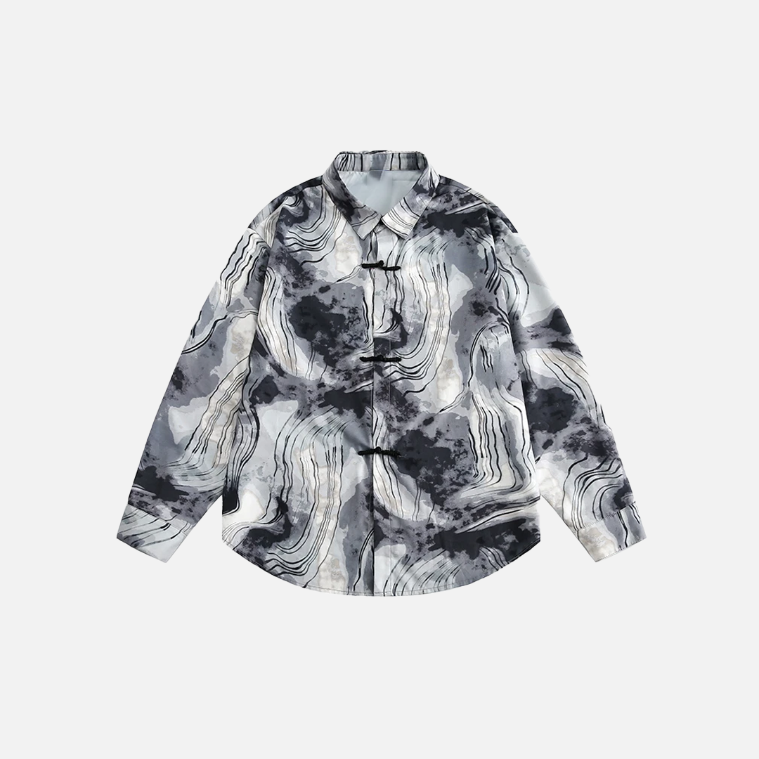 Y2K Abstract Print Turn-Down Collar Long Sleeve Shirt - Luxuryurbanwear