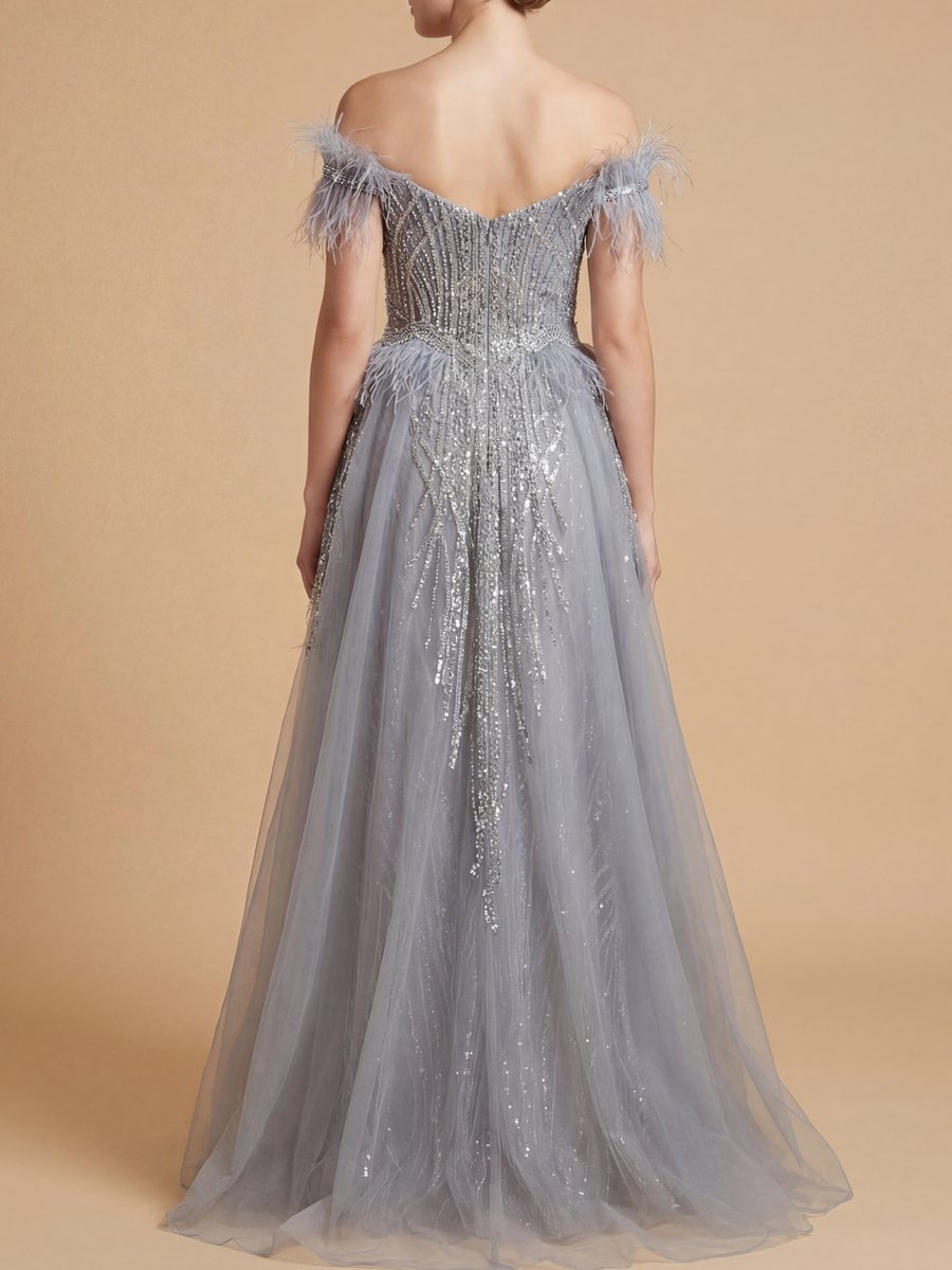 Off Shoulder Gown with Feathers