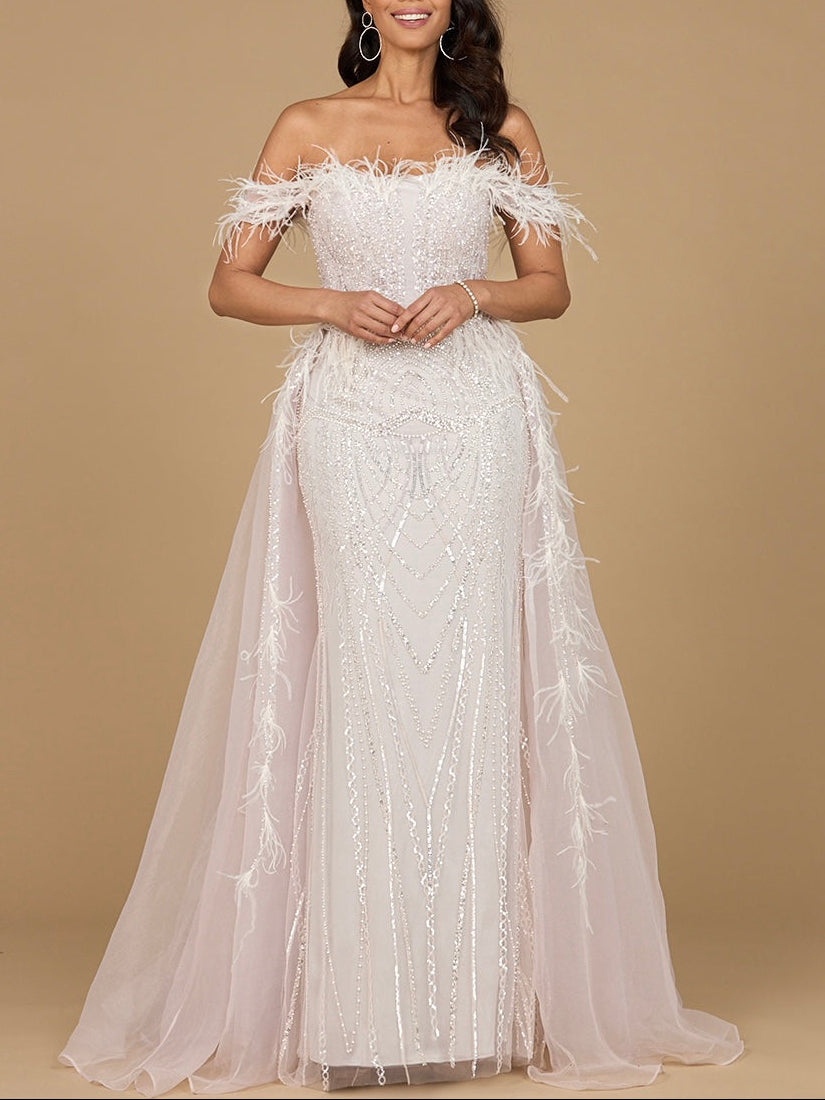 Off Shoulder Gown with Feathers