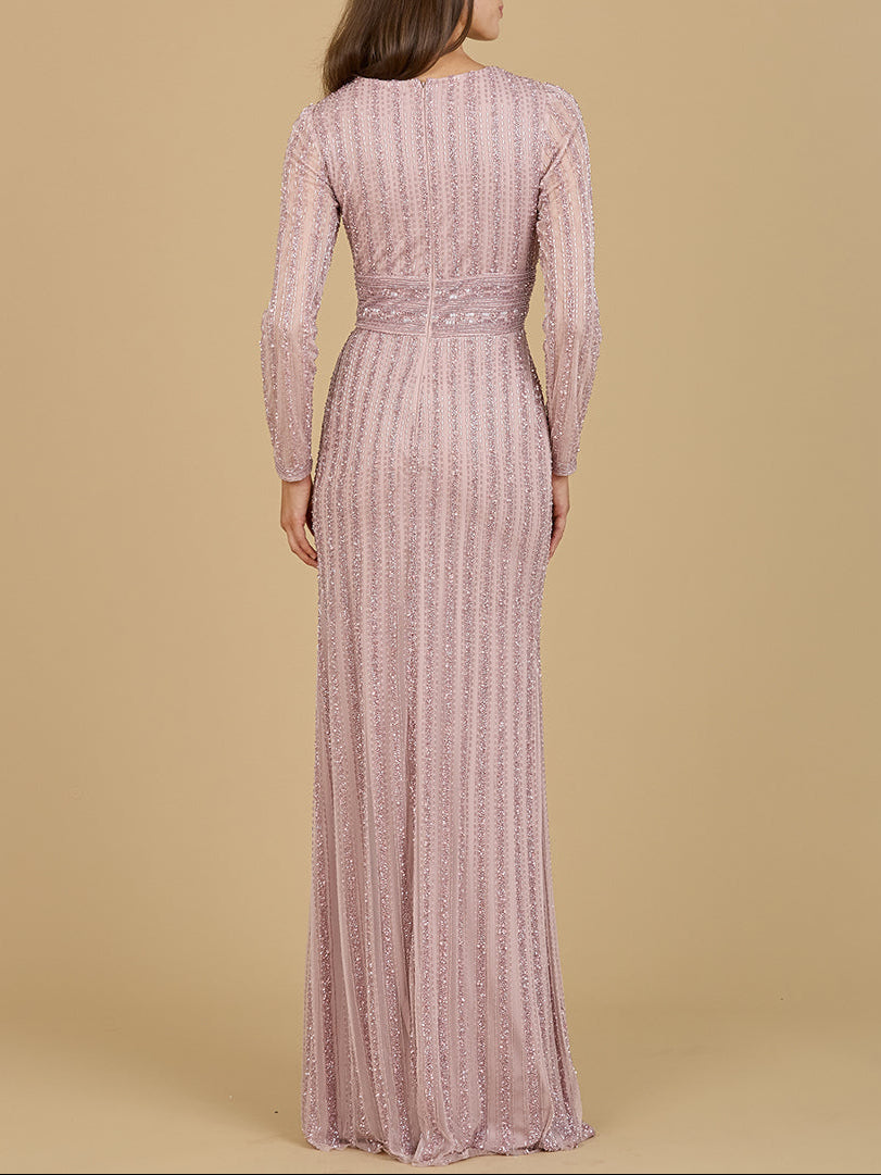 Long Sleeve V-Neck Beaded Gown