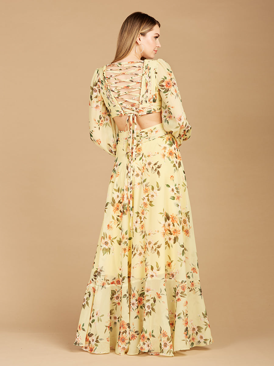 Long Sleeve V-Neck, Layered Skirt Print Dress- OUTLET