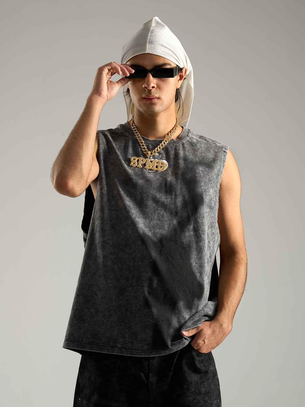 Cross-Print Distressed Washed Vest
