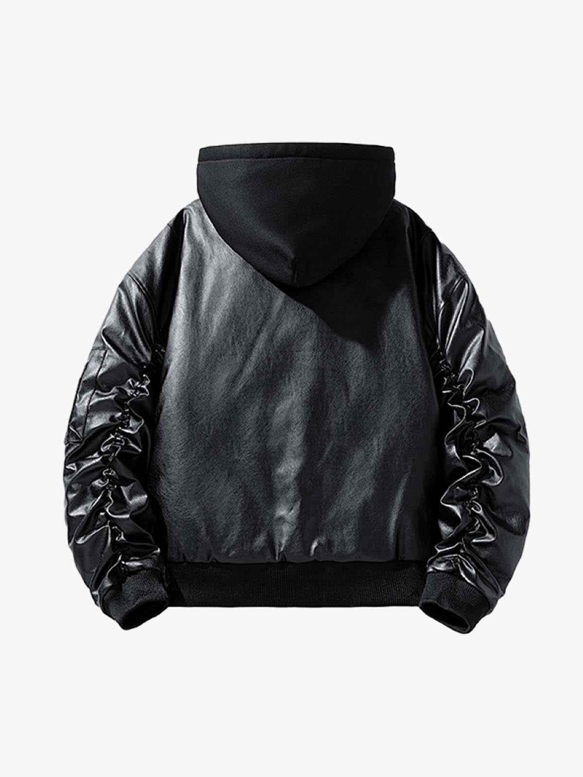 Retro Leather Faux Two-Piece Hooded Padded Bomber Jacket