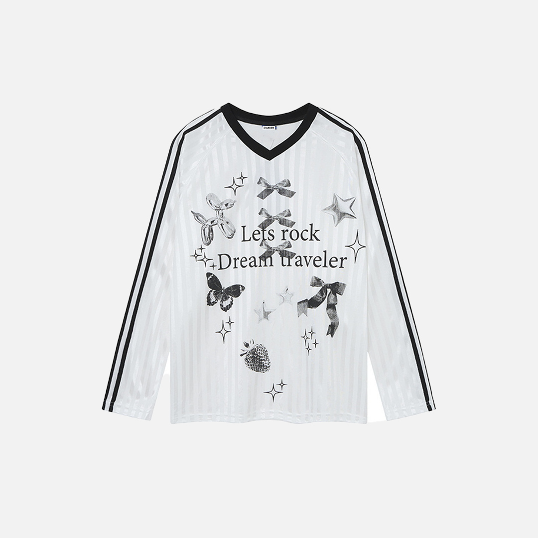 Y2K Butterfly Print V-Neck Long Sleeve T-Shirt - Luxuryurbanwear