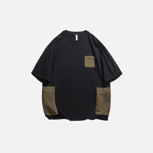 Warm Patchwork Cotton Hip Hop Pocket T-Shirt - Luxuryurbanwear