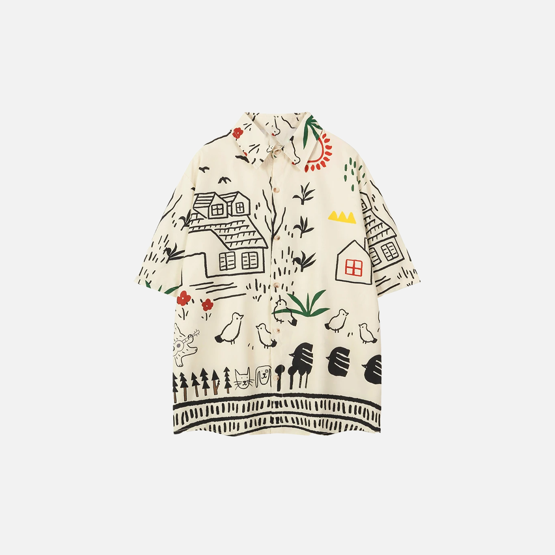 Y2K Graffiti Print Retro Broadcloth Short Sleeve Shirt - Luxuryurbanwear