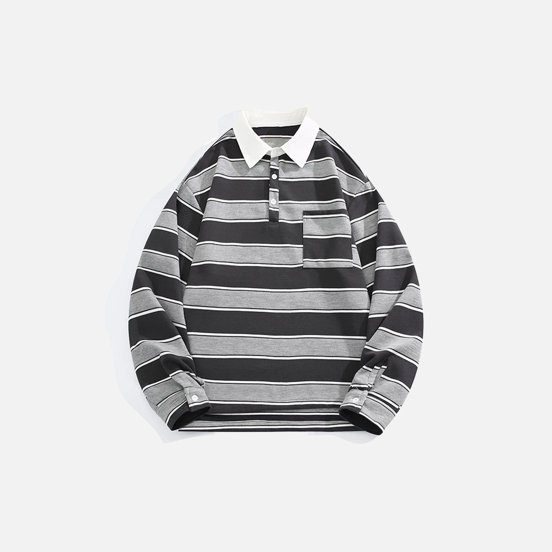 Contrasting Patchwork Striped Polo Long Sleeve T-Shirt - Luxuryurbanwear