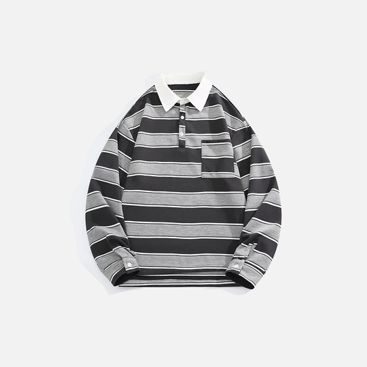 Contrasting Patchwork Striped Polo Long Sleeve T-Shirt - Luxuryurbanwear