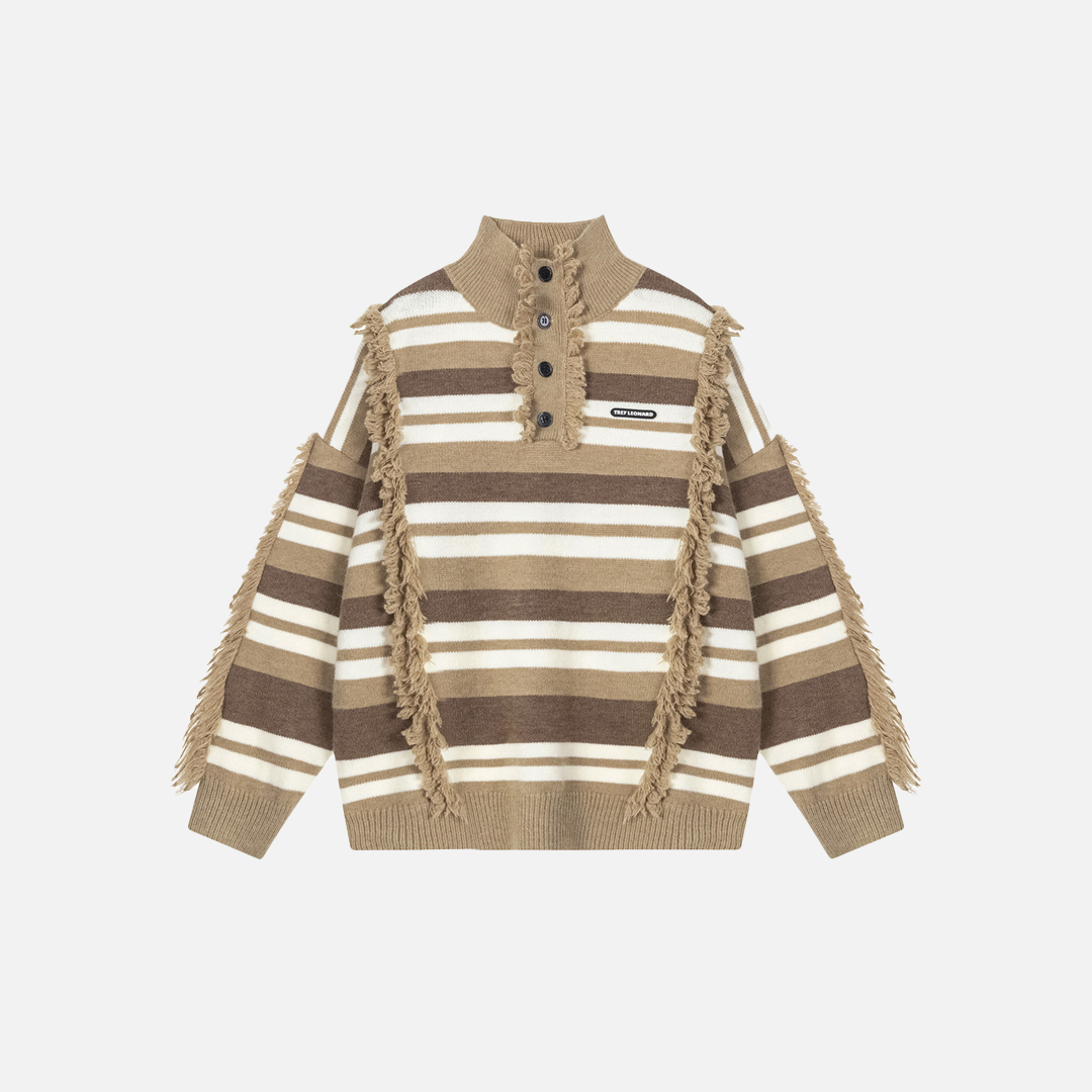 Striped Fringed Turtleneck Button Sweater - Luxuryurbanwear