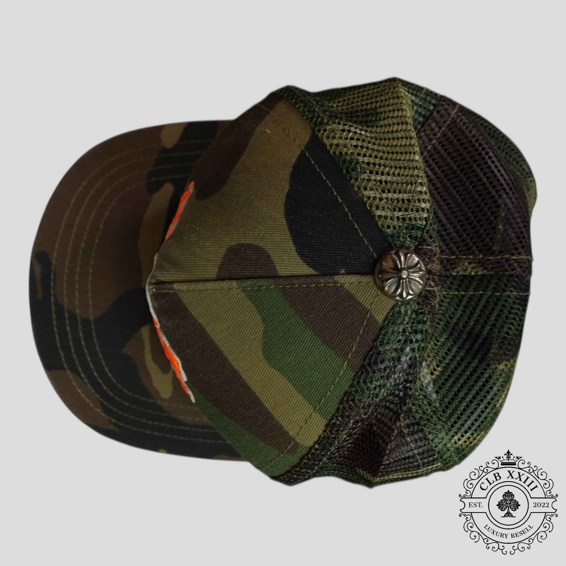 Chrome Hearts Leather Triple Cross Trucker Hat in Camo/Orange