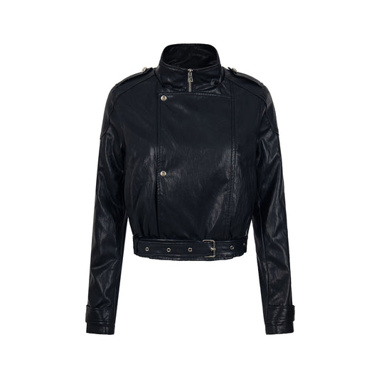 Street Rebel | Belted Faux Leather Moto Jacket - Luxuryurbanwear