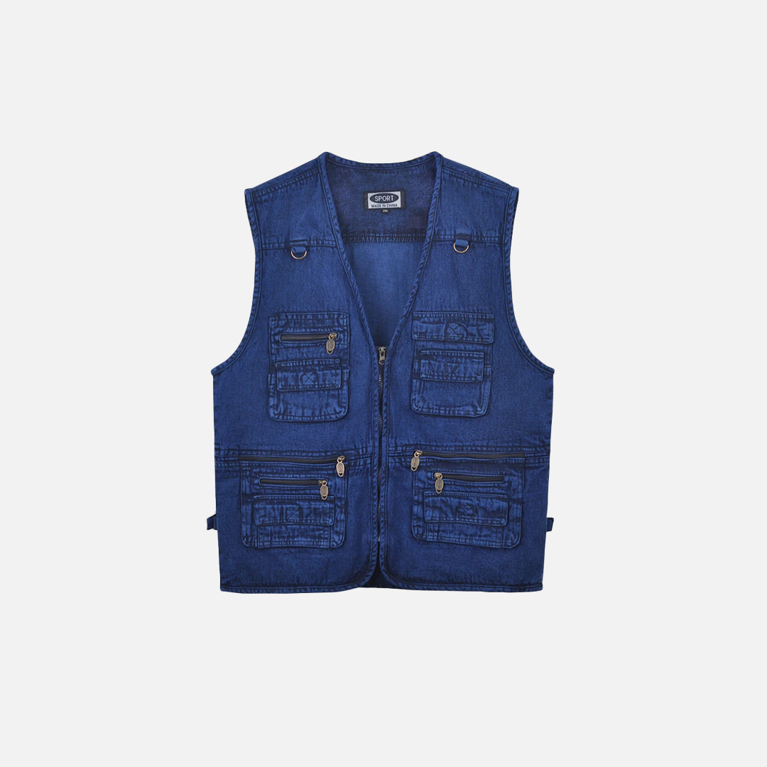 Fishing Style V-Neck Multi-Pocket Denim Vest - Luxuryurbanwear