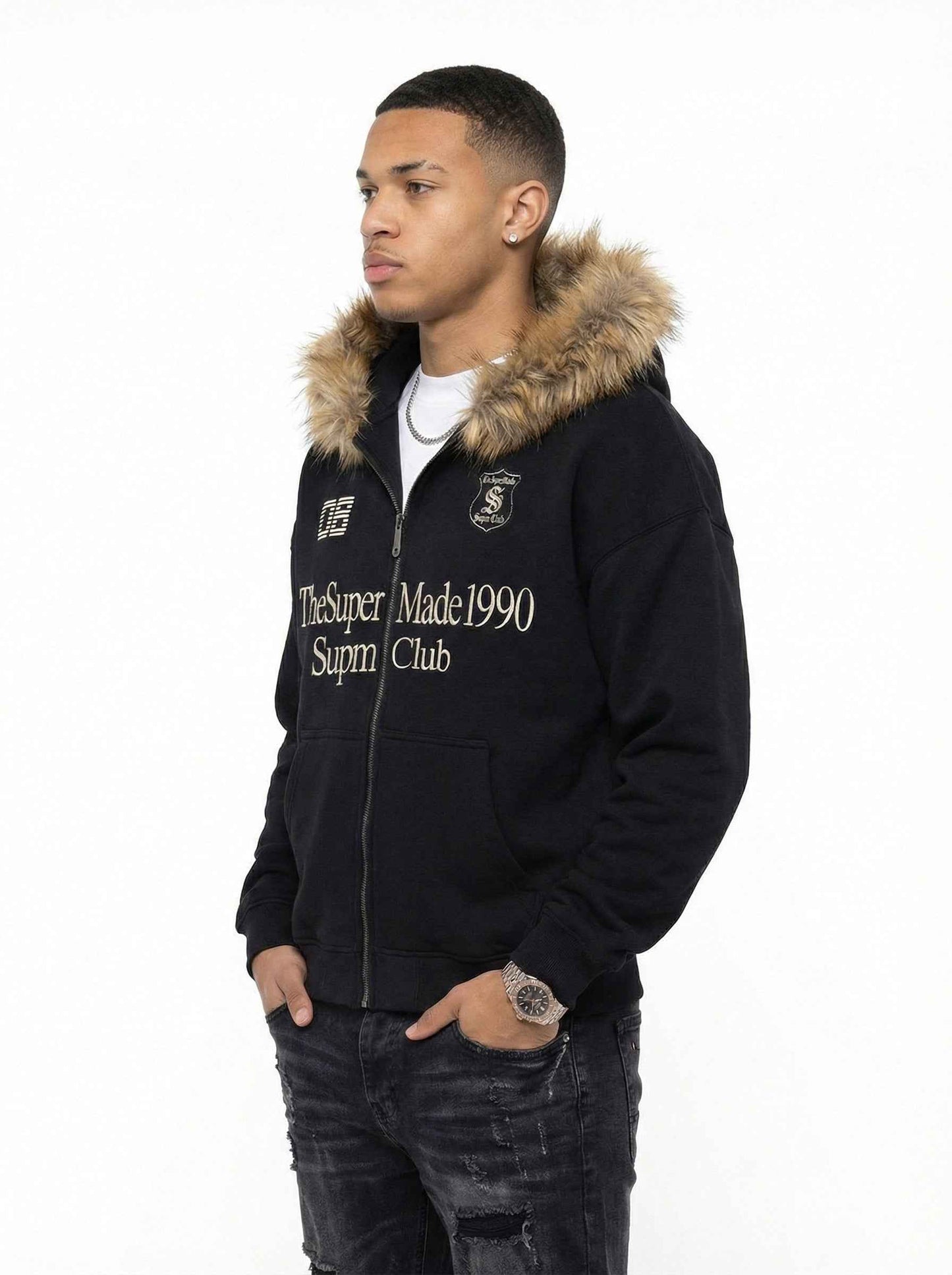 Letter Medal Embroidered Cardigan Fur Collar Zip Up Hoodie- 2502