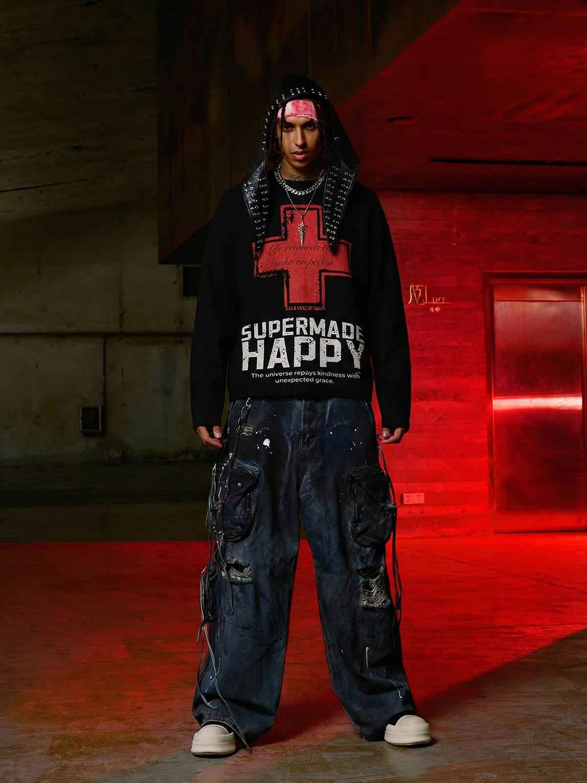 Street Cross Lettering Print Long-Sleeved T-Shirt