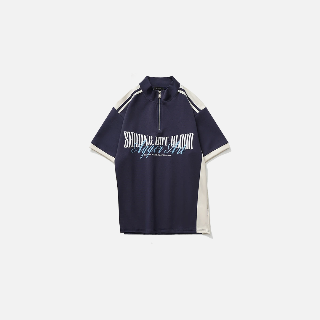 Spliced Letter Printed Stand Collar T-Shirt - Luxuryurbanwear