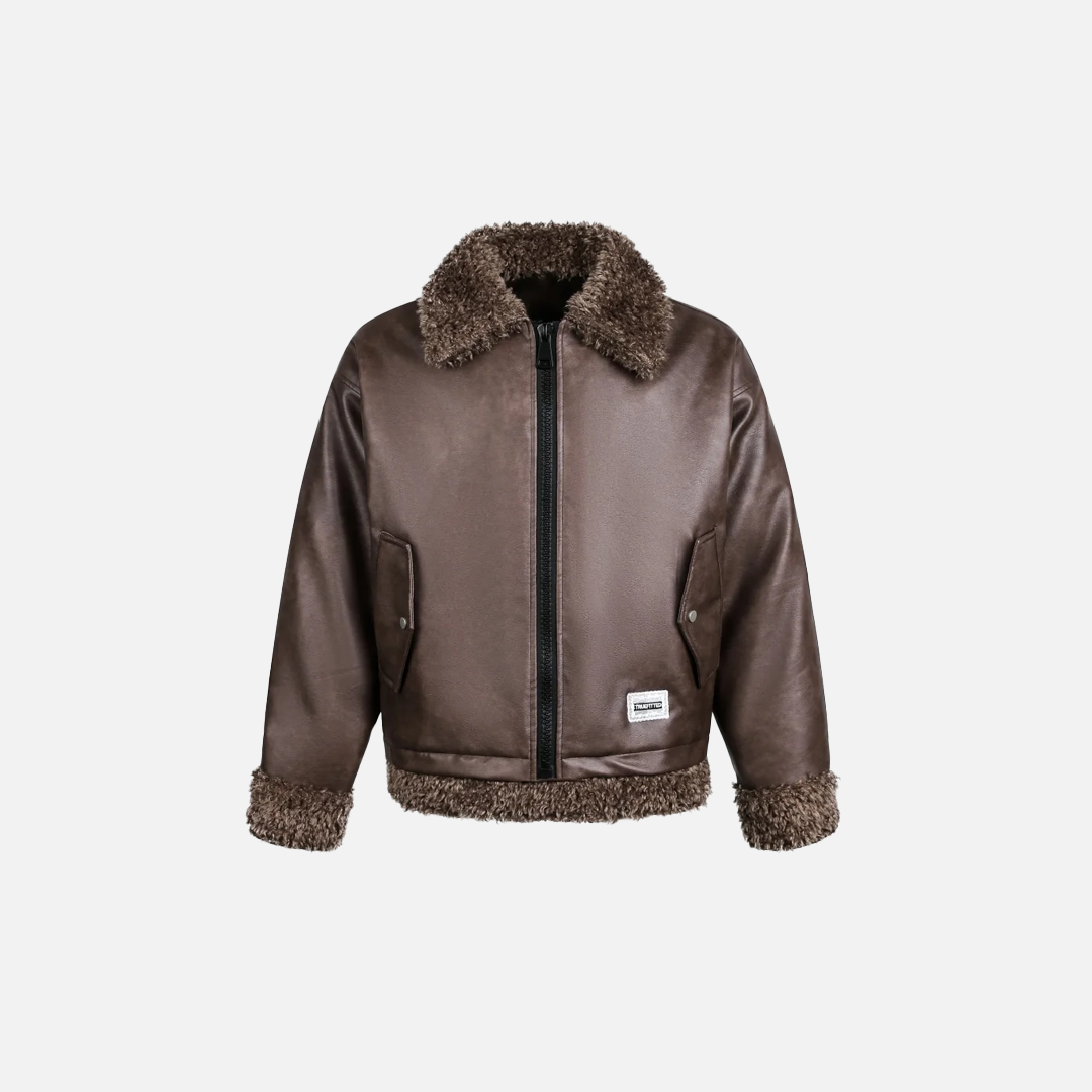Retro High Street Sherpa Fur Collar Leather Jacket - Luxuryurbanwear