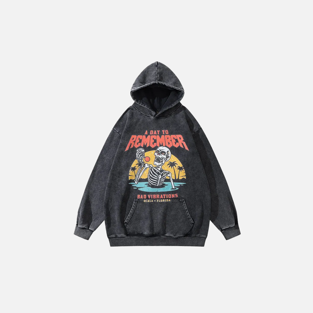 Breathable Oversized Gothic Skull Washed Print Hoodie - Luxuryurbanwear