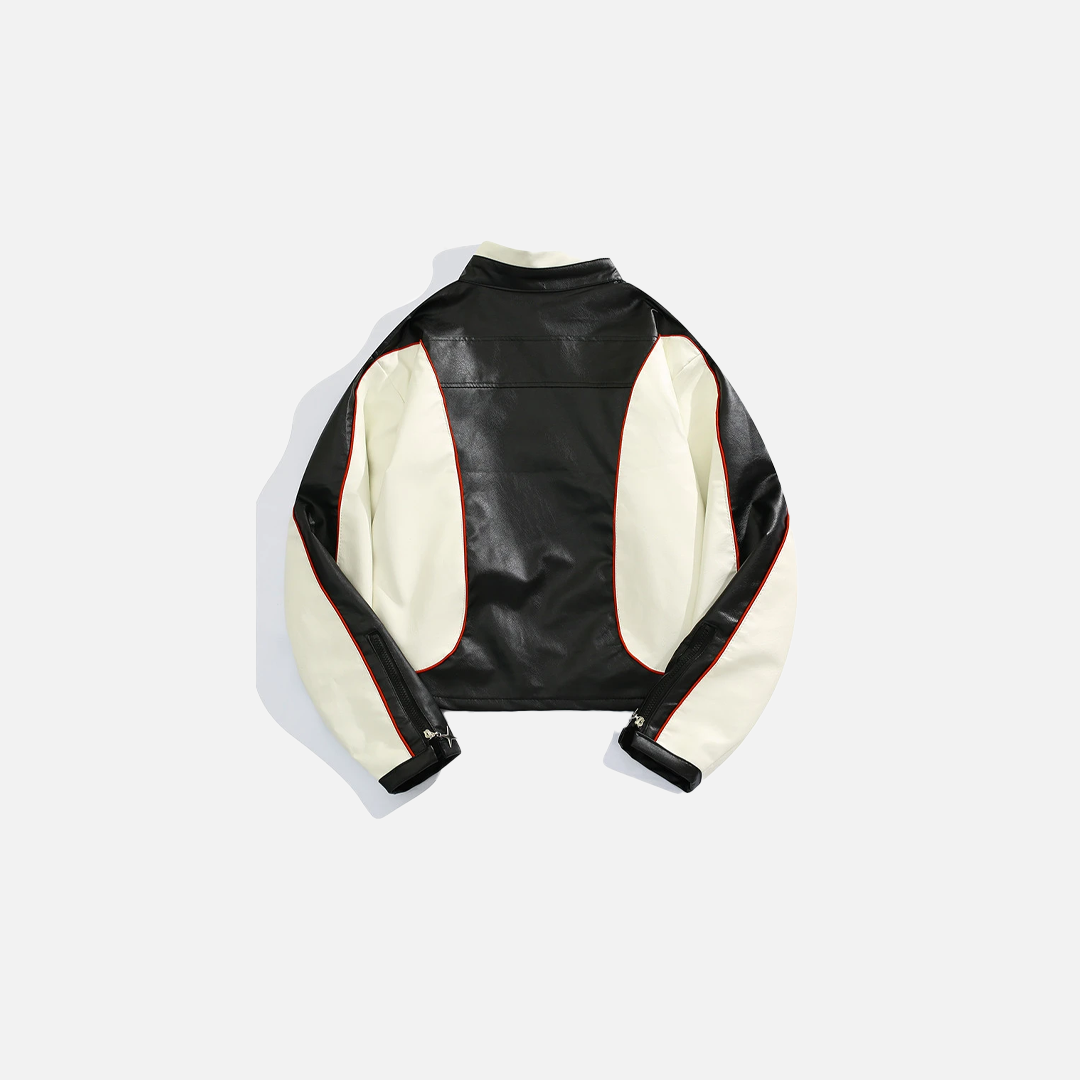 Stylish Contrast Color Spliced Motorcycle Leather Jacket - Luxuryurbanwear