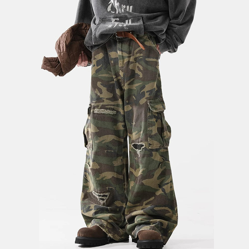 Ripped Camouflage Flared Cargos - Distressed Tactical Wide-Leg Pants | LuxuryUrbanwear - Luxuryurbanwear