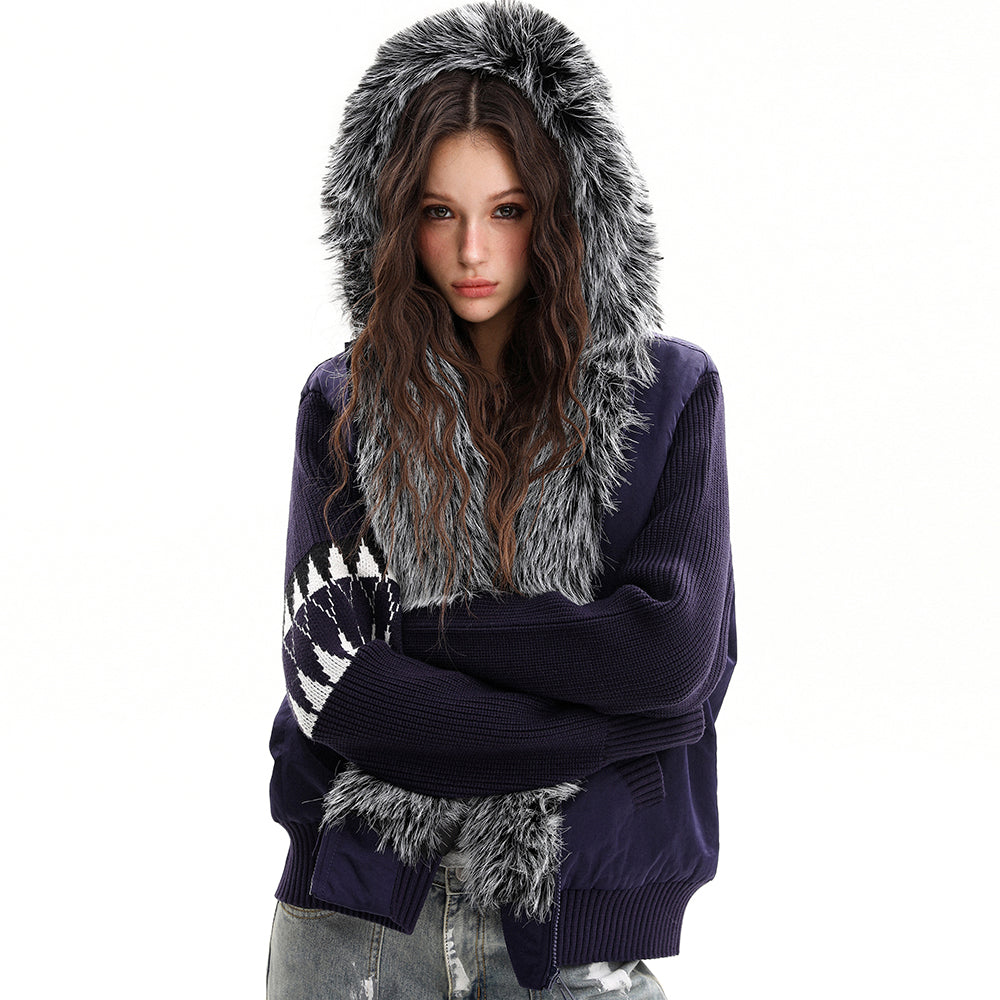 Knit Contrast | Fleece Hooded Jacket - Luxuryurbanwear