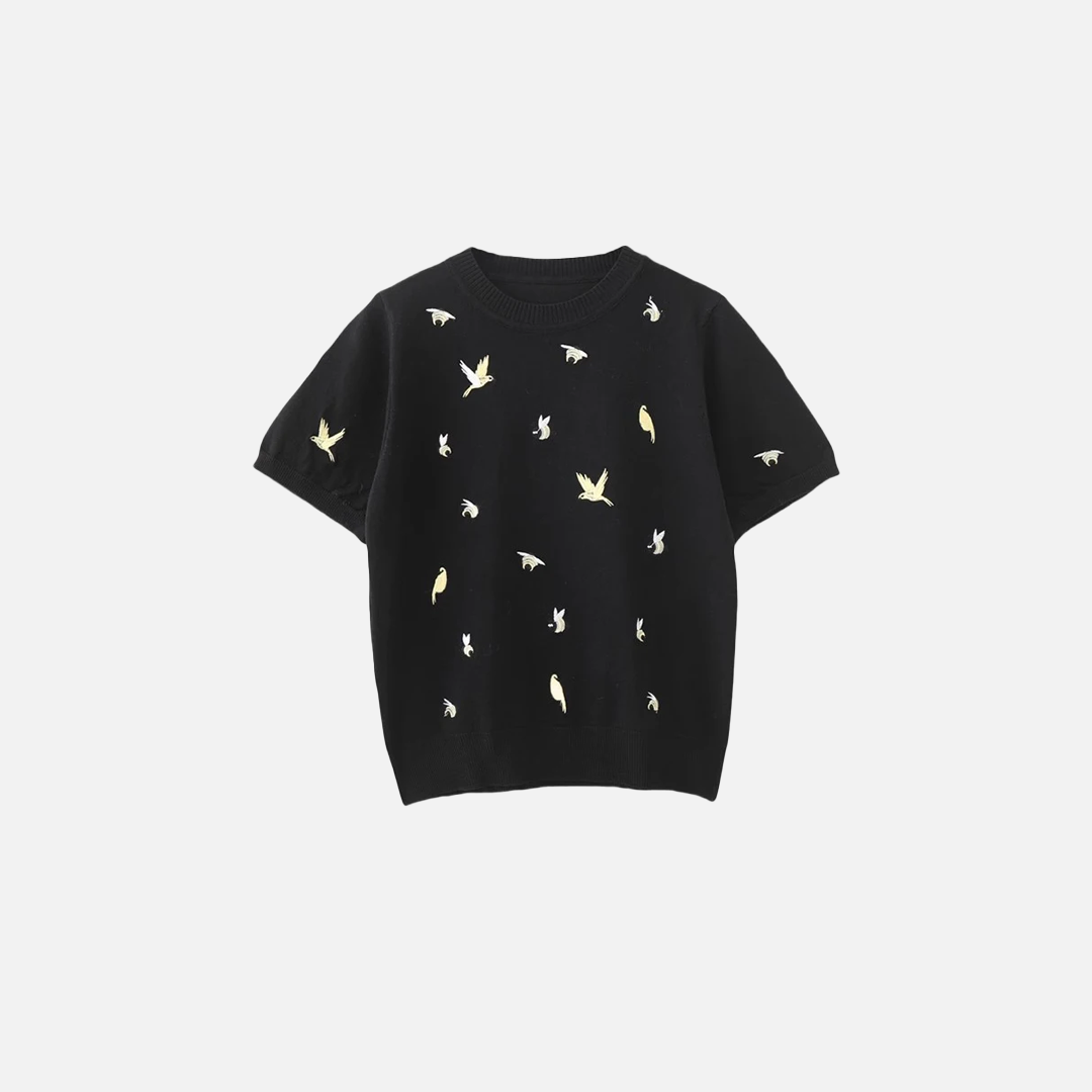 Bird Embroidery Round Neck Casual T-Shirt - Luxuryurbanwear