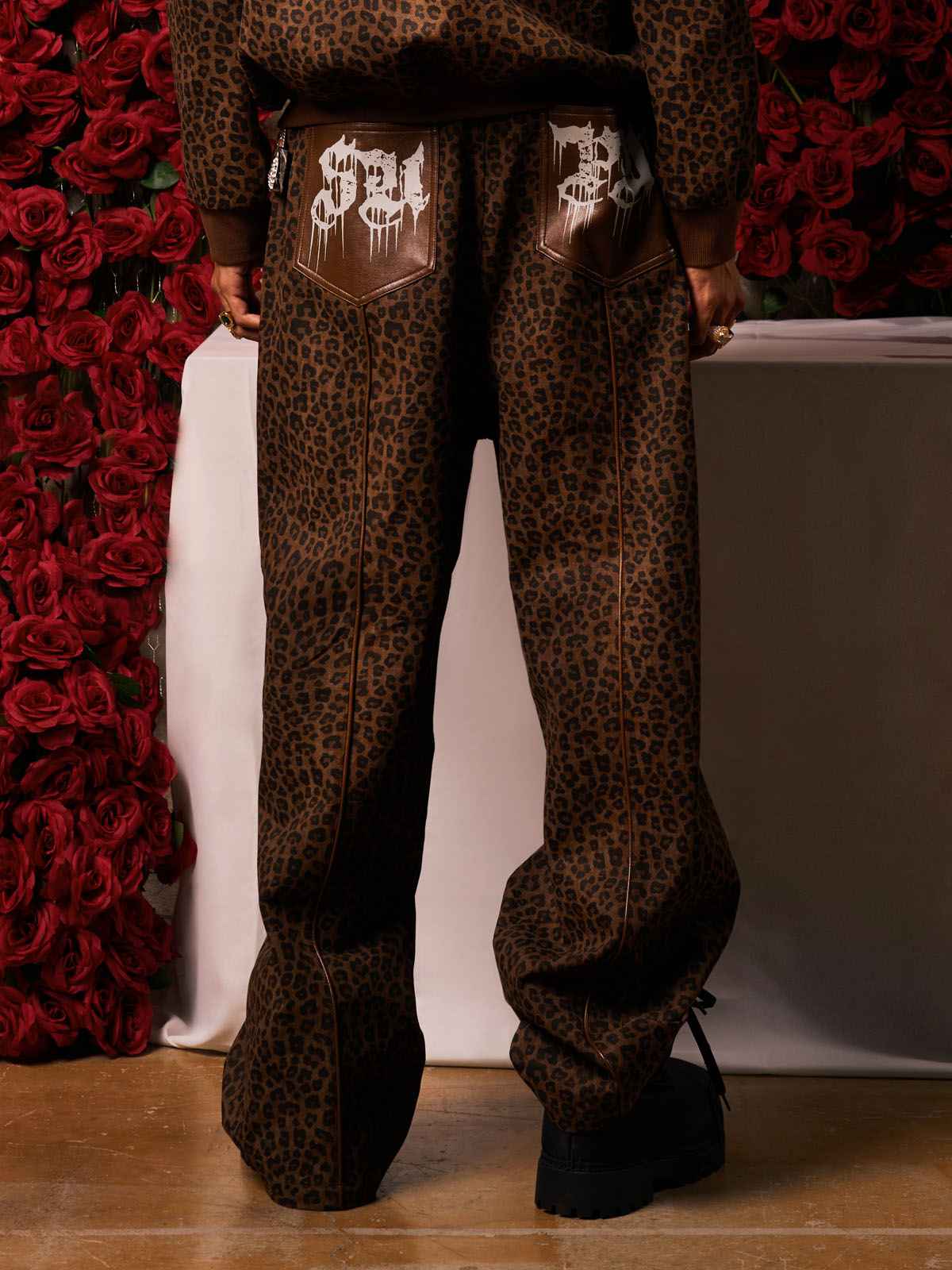 SUPM Graffiti Print Leather Leopard Print Baggy Pants