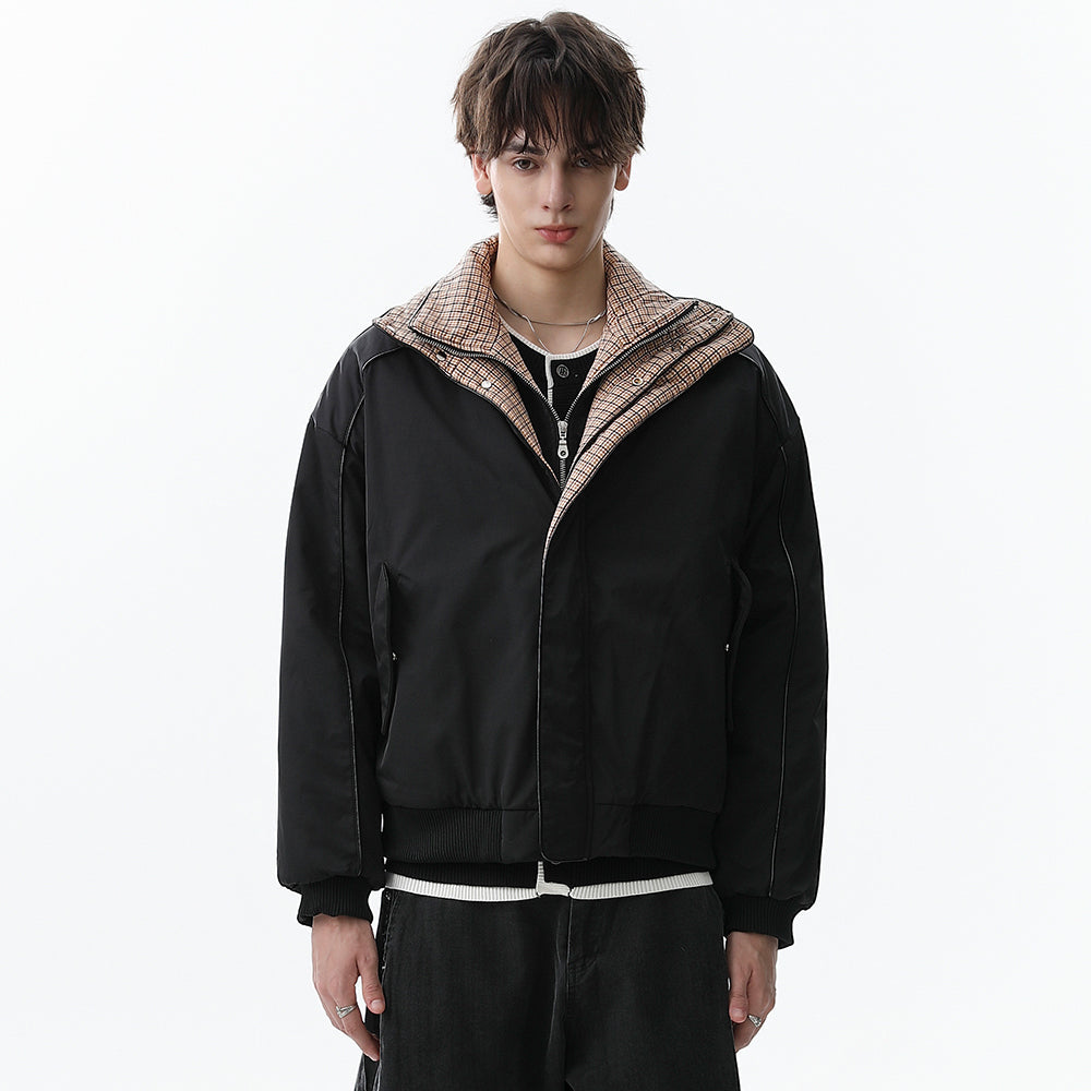 Plaid-Lined Patch| Stand Collar Jacket - Luxuryurbanwear