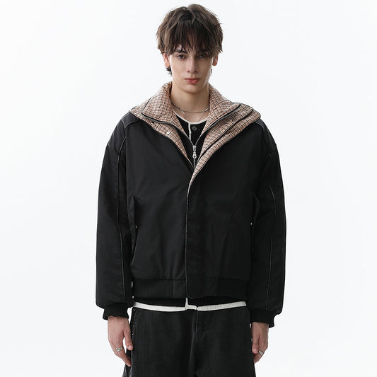 Plaid-Lined Patch| Stand Collar Jacket - Luxuryurbanwear