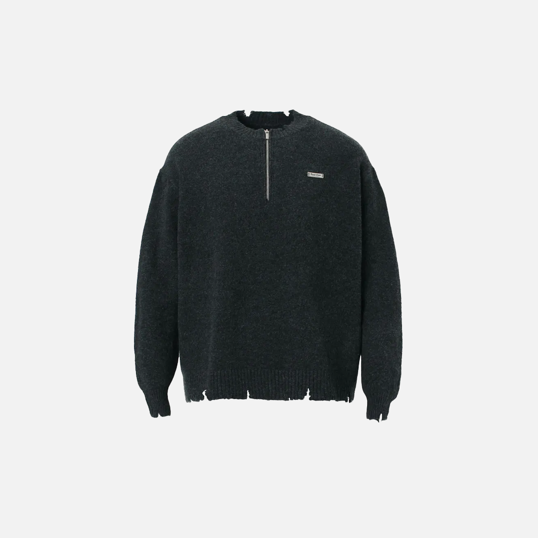Retro Grunge Distressed Knit Half Zipper Sweater - Luxuryurbanwear