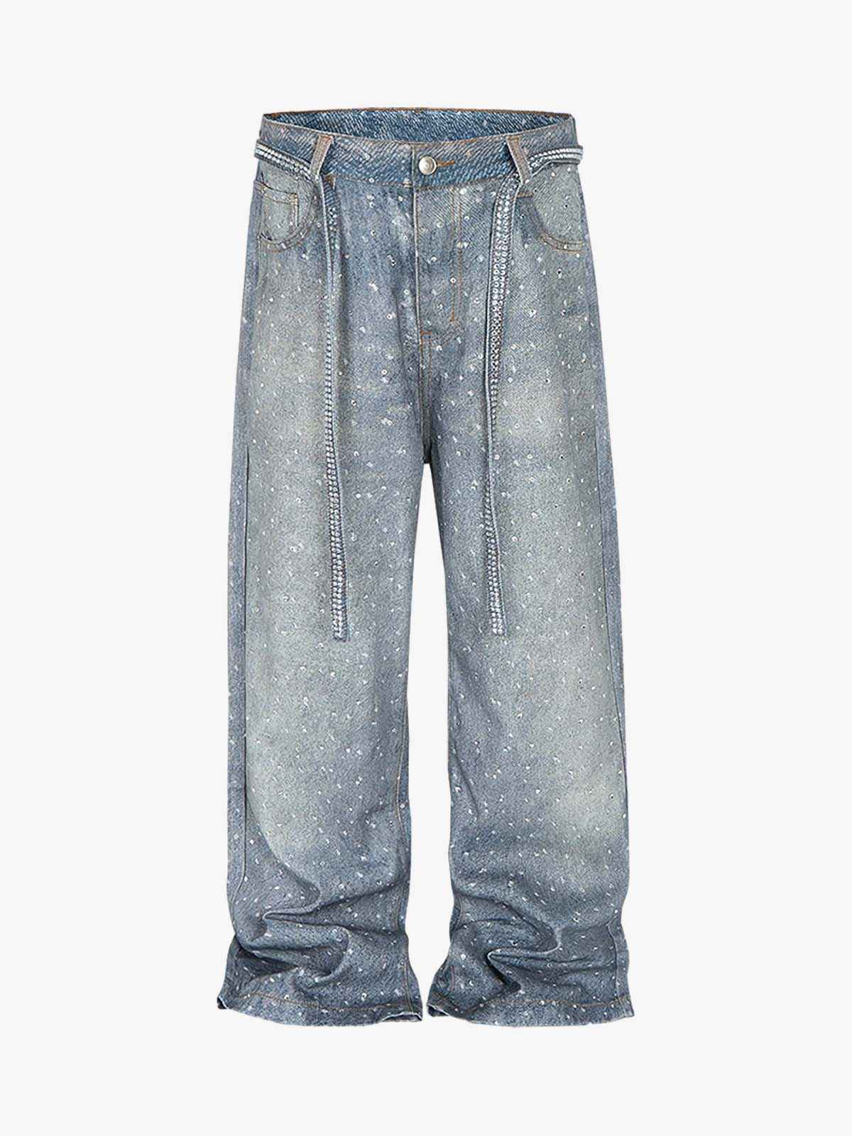 Denim Distressed Belt Diamond Decorated Jeans