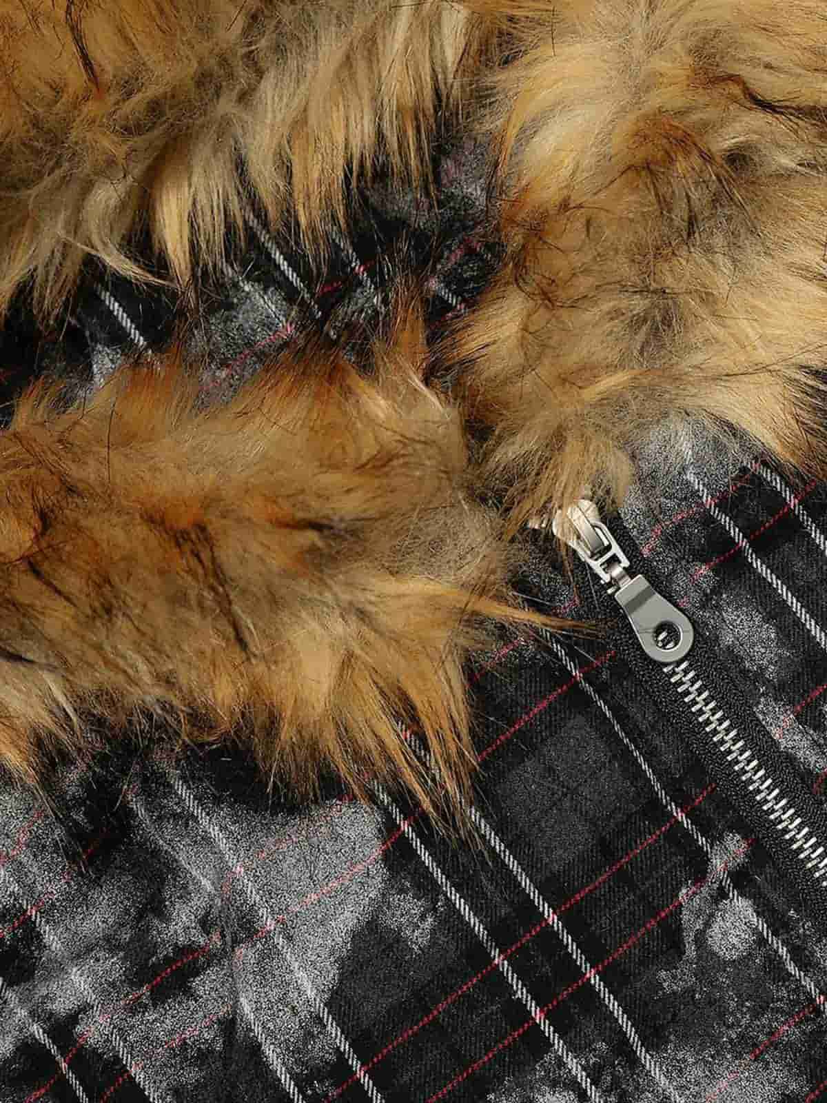 Retro Distressed Plaid Faux Fur Collar Padded Jacket