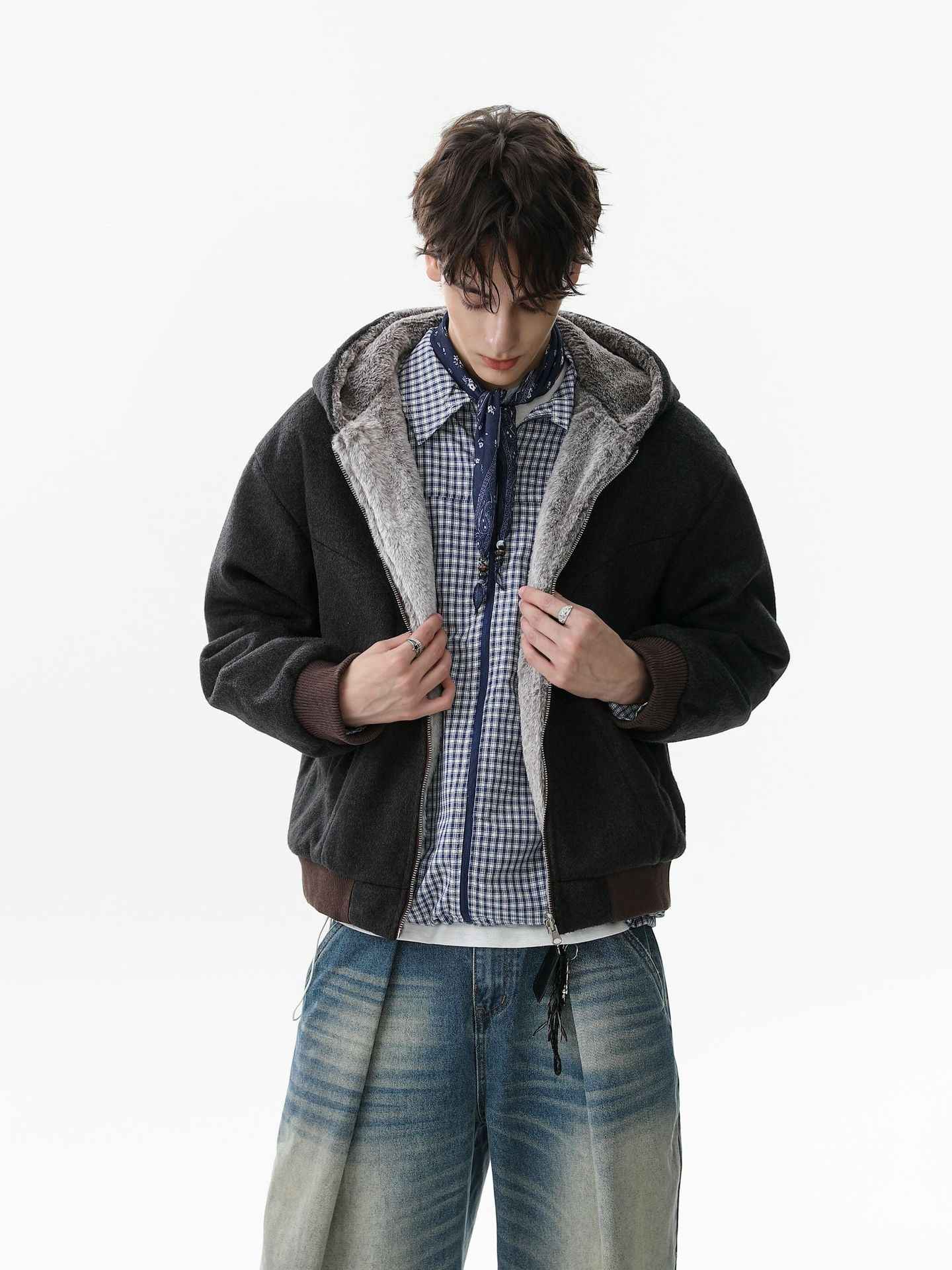 Retro Reversible Fleece Lined Zip-up Hooded Jacket