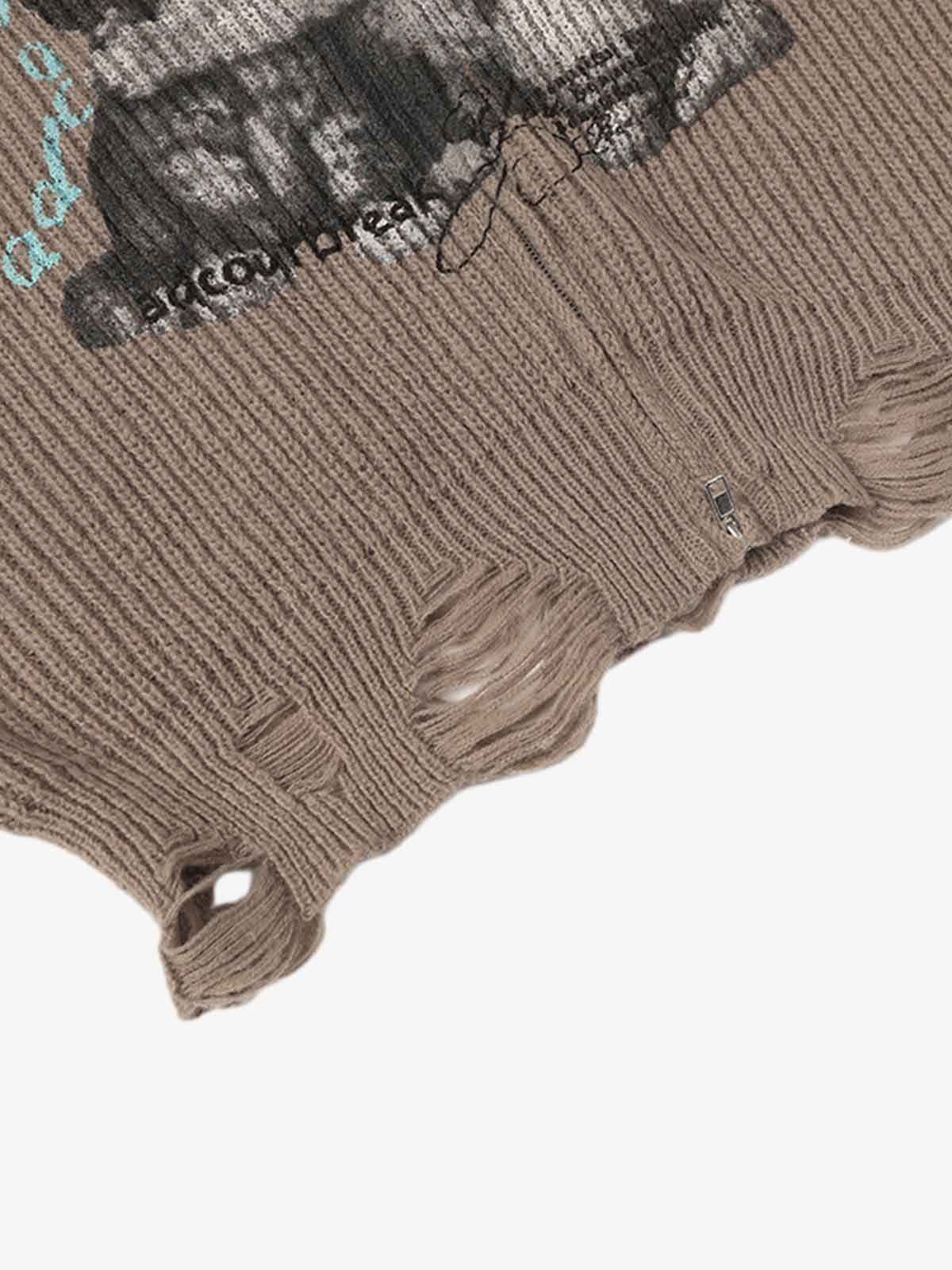 Retro Distressed Cat Print Ribbed Zip-Up High-Neck Sweater