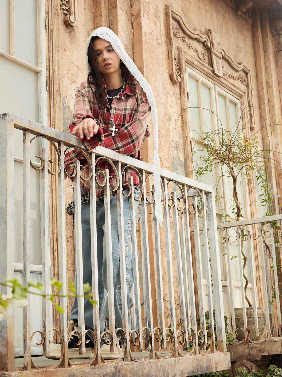 Paint Splatter Plaid Frayed Hem Button Up Shirt