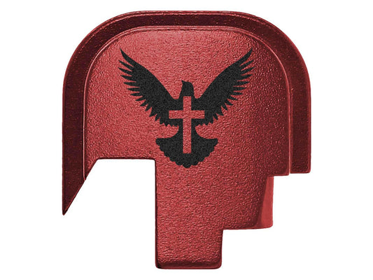 NDZ Performance Slide Cover Back Plate for Smith & Wesson M&P Shield M2.0 Shield Plus 9mm .40 S&W Red Anodized Aluminum w/Black Laser Engraved Spiritual Image - Bible Dove Cross