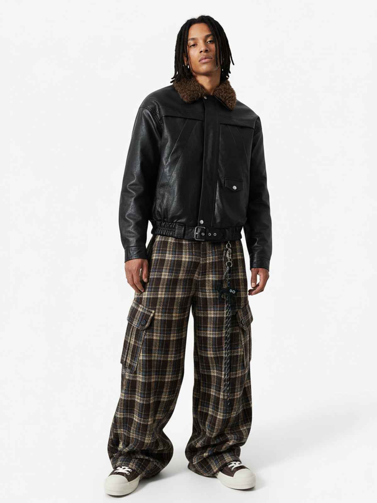 Vintage Plaid Pleated Multi-Pocket Cargo Casual Pants - 2524