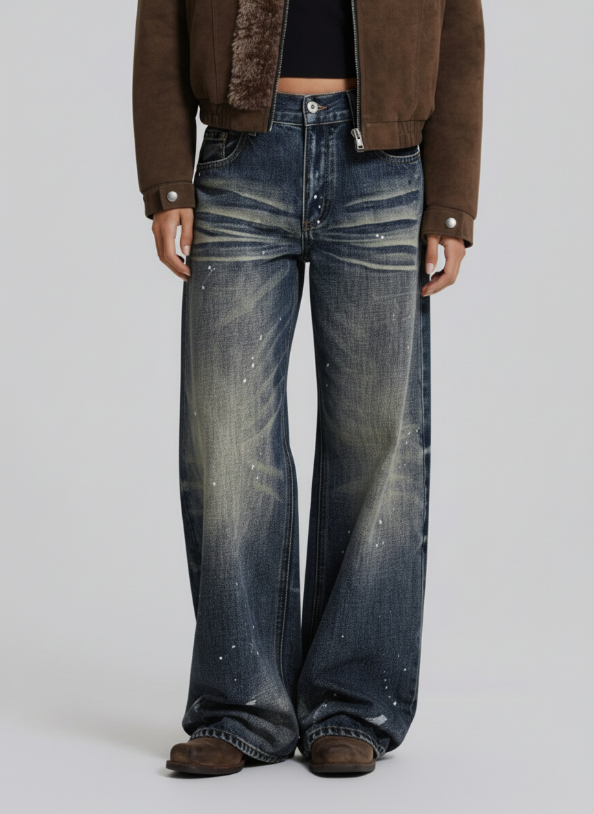 Washed Paint-Splatter Pleated Barrel Jeans - Luxuryurbanwear