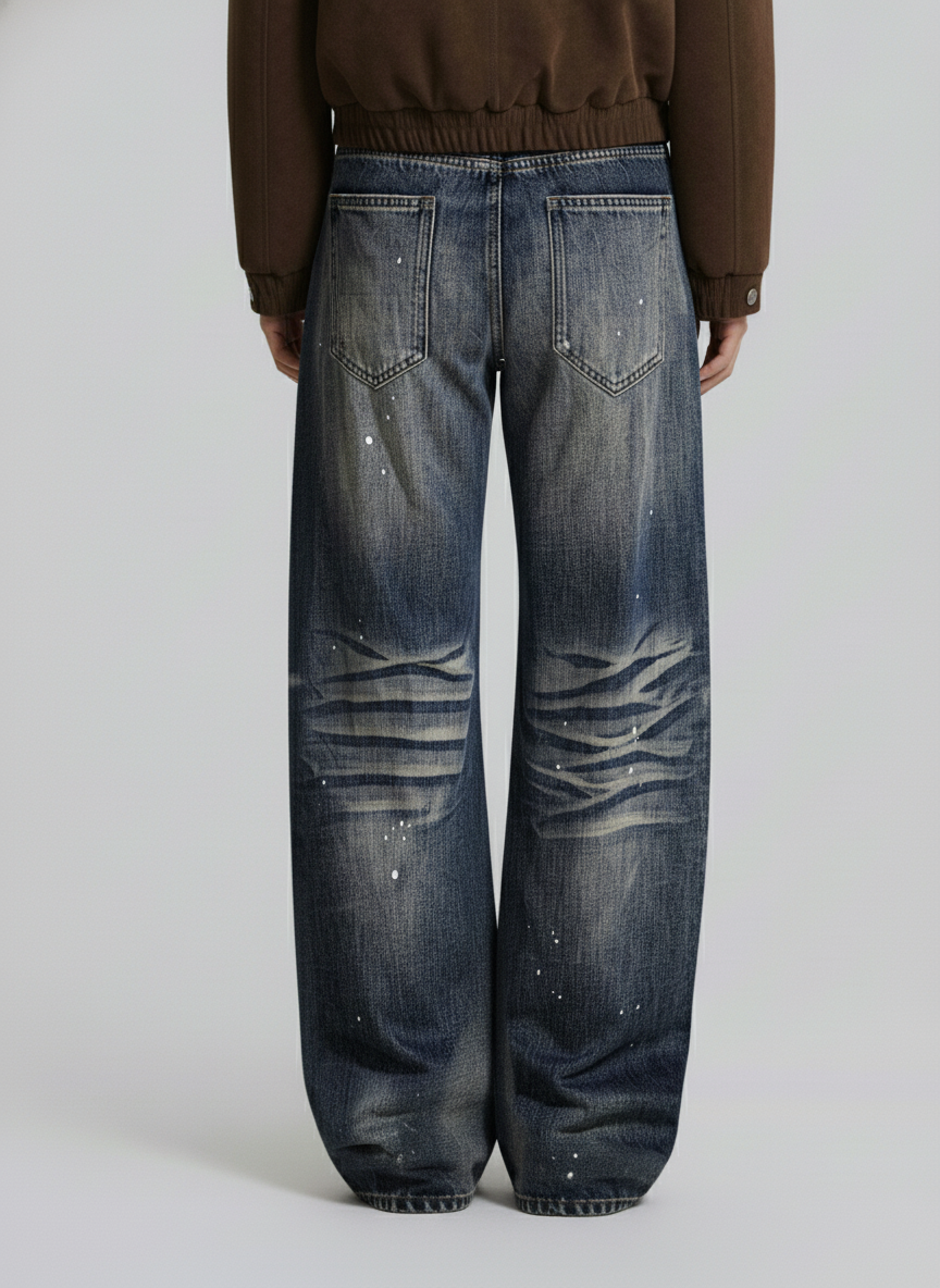 Washed Paint-Splatter Pleated Barrel Jeans - Luxuryurbanwear
