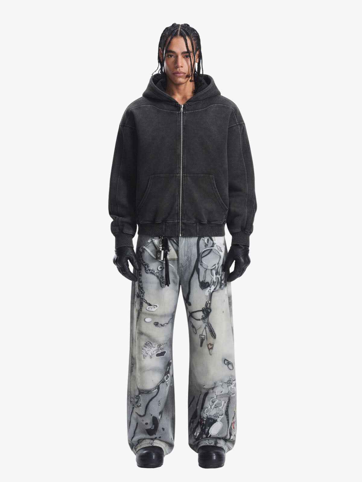 Vintage Washed Panel Construction Zip-Up Hoodie