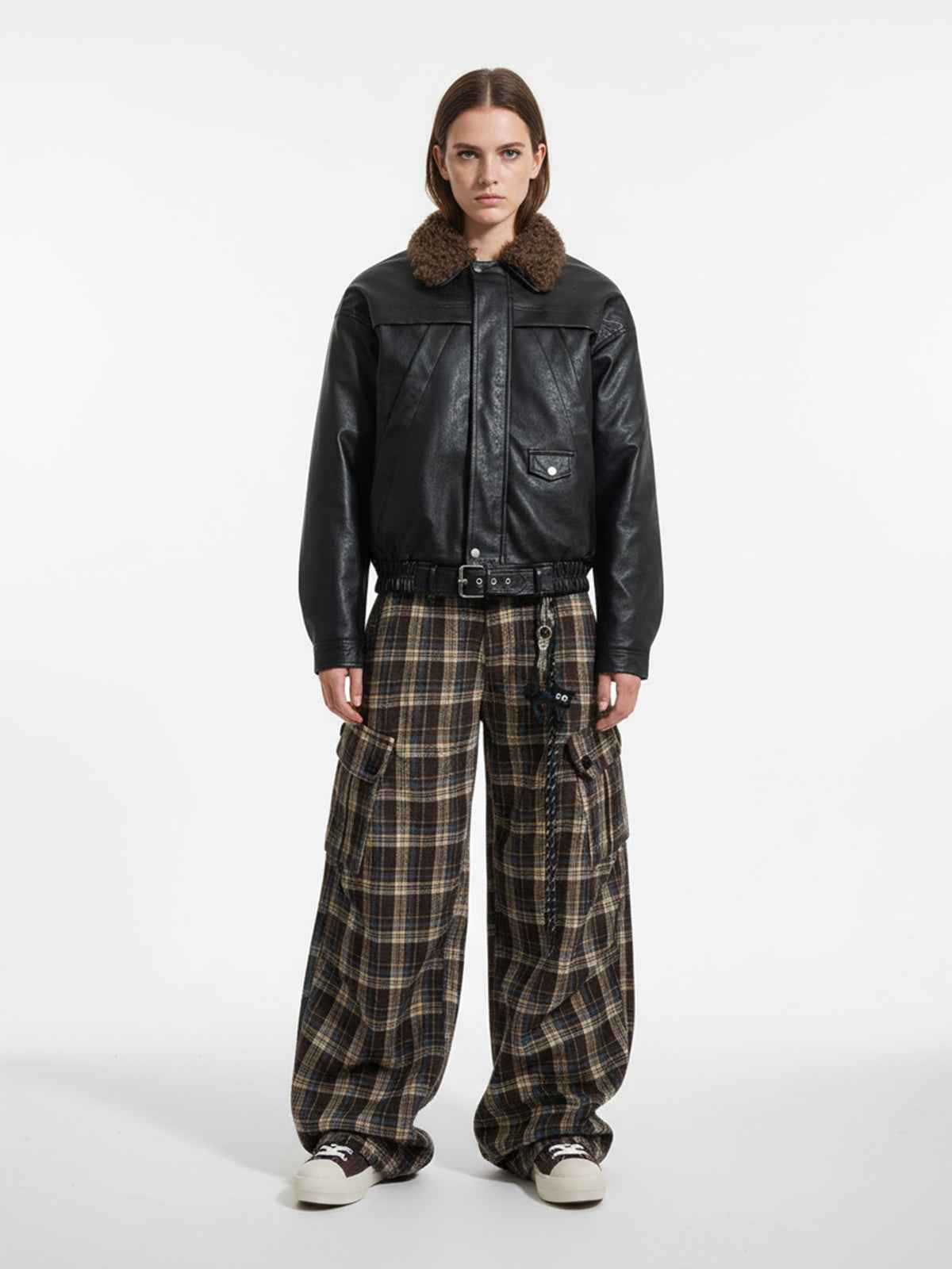 Vintage Plaid Pleated Multi-Pocket Cargo Casual Pants - 2524