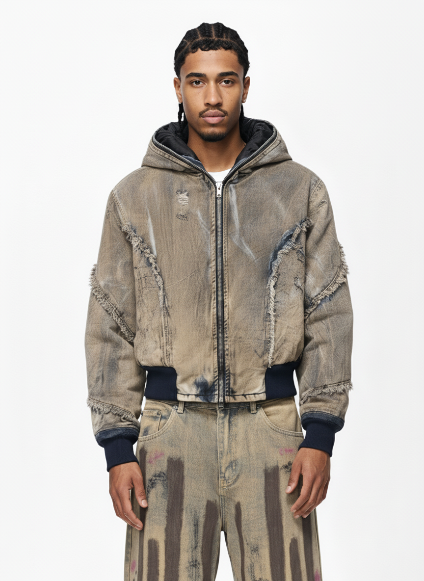 Distressed Mud-Dyed Frayed Edge Denim Bomber Jacket - Luxuryurbanwear