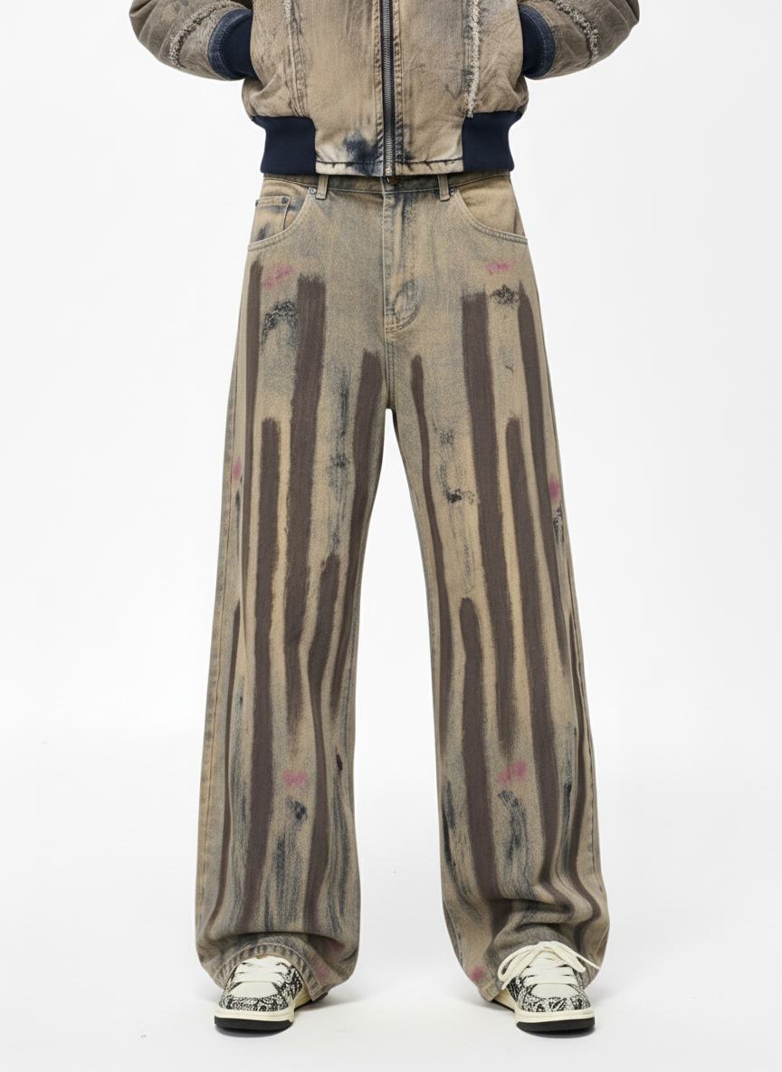Retro Washed Brushstroke Baggy Jeans - Luxuryurbanwear