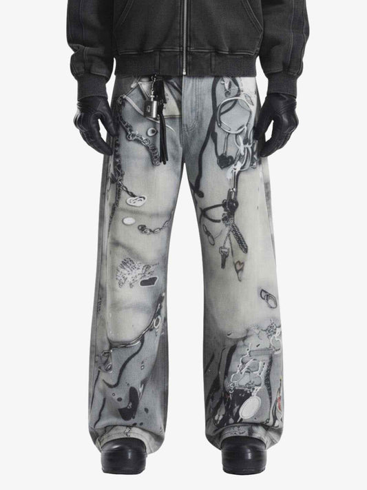 Abstract 3D Digital Print Wide-Leg Jeans
